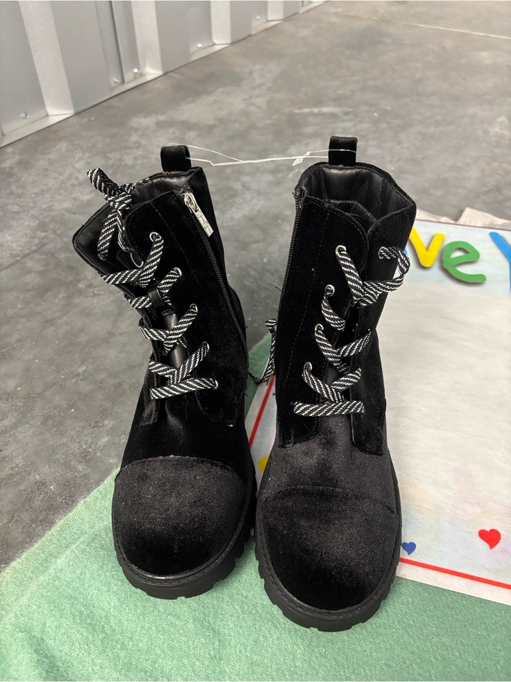 NWT Jessica Simpson Jes468 Black Velvet Combat Boots Stripe Laces Zip Side Bling
